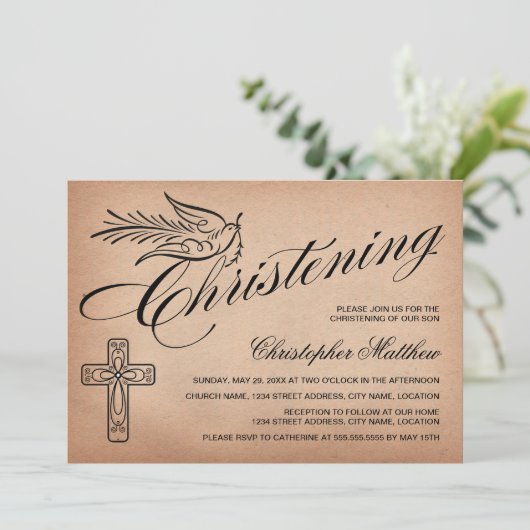Elegantes Vintages Script Cross and Dove Christeni Einladung (Stehend Vorderseite)