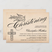 Elegantes Vintages Script Cross and Dove Christeni Einladung (Vorne/Hinten)