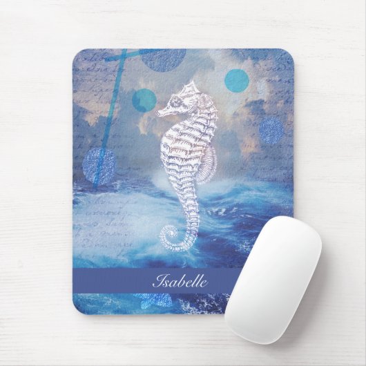 Elegantes Vintages Seepferd Blue Ocean Waves Name Mousepad (Mit Mouse)