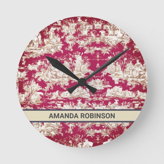 Elegantes Vintages Seetoile de jouy Monogramm Runde Wanduhr (Vorderseite)