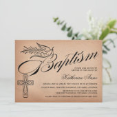 Elegantes Vintages Skriptkreuz und Taubentaufe Einladung (Stehend Vorderseite)