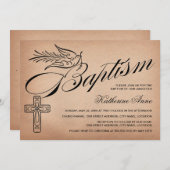 Elegantes Vintages Skriptkreuz und Taubentaufe Einladung (Vorne/Hinten)