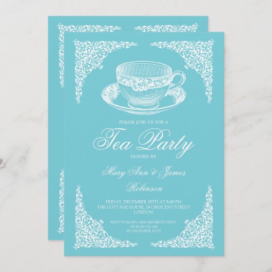 Elegantes Vintages Tea Party Robin Egg Blue Einladung (Vorne/Hinten)