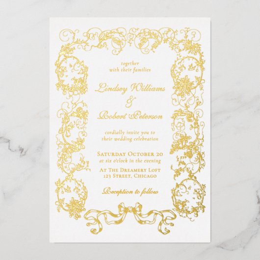 Elegantes Vintages Verziertes Weißes Gold Folieneinladung (Vorderseite)