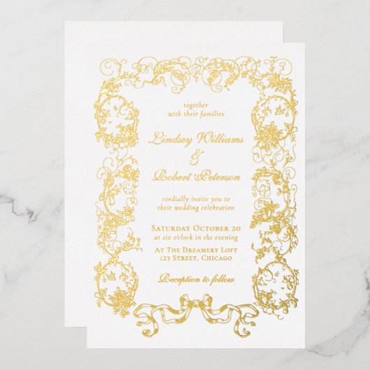 Elegantes Vintages Verziertes Weißes Gold Folieneinladung (Vorderseite/Rückseite)