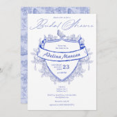 Elegantes Vintages Viktorianisches Wappen Blaues B Einladung (Vorne/Hinten)