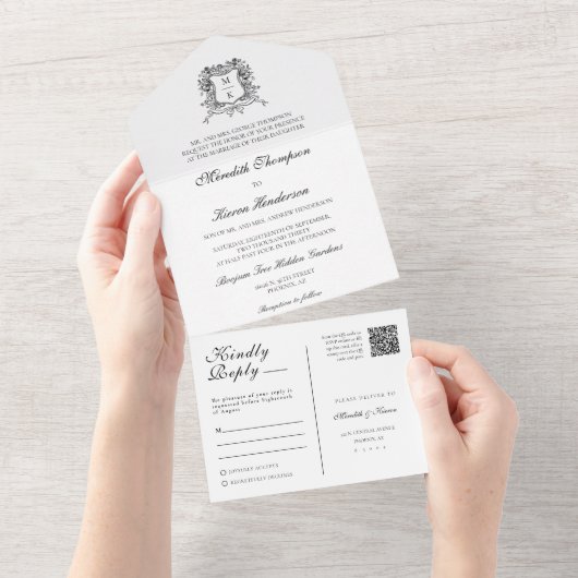 Elegantes Vintages Wappen Linie Art Boho QR Code F All In One Einladung (Abreißen)