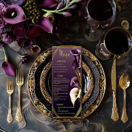 Elegantes Violet Lila und Gold Calla Lily Wedding Menükarte