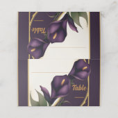 Elegantes Violet Lila und Gold Calla Lily Wedding Platzkarte (Außenseite Aufgefaltet)