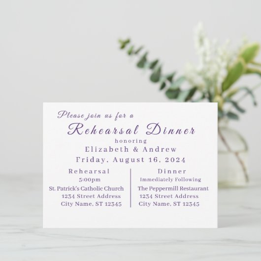 Elegantes Violets Probe Abendessen Einladung (Stehend Vorderseite)