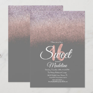 Elegantes Violett Rosa Ombre Glitter Sweet 16 Einladung