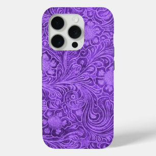 Elegantes violettes Leder-Optik mit floralem geprä iPhone 15 Pro Hülle