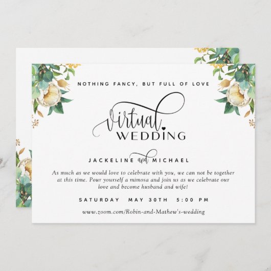 Elegantes Virtual Wedding Inv. Weiß und Honey Einladung (Vorne/Hinten)