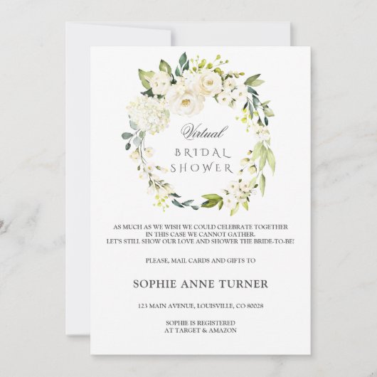Elegantes virtuelles Brautparty mit weißer Blüte p Einladung (Vorderseite)