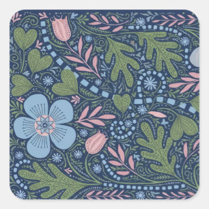 Elegantes volkstümliches Blumenmuster, vintage bot Quadratischer Aufkleber