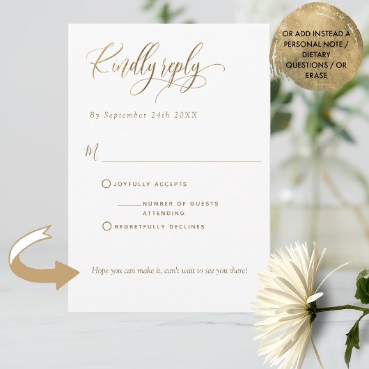 Elegantes W/ohne Mahlzeiten, weiß und Gold, Hochze RSVP Karte