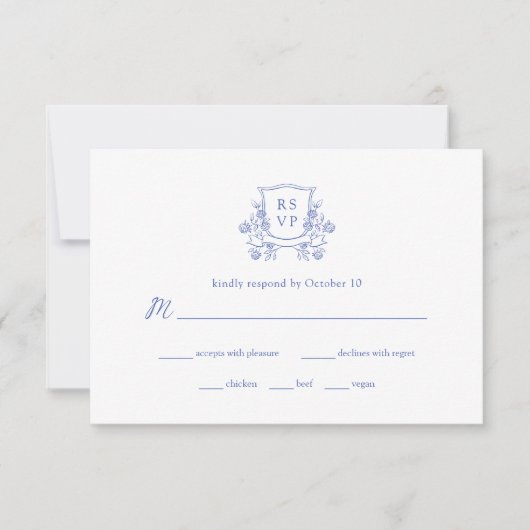 Elegantes Wappen | Blaue und weiße Hochzeitsmahlze RSVP Karte (Vorderseite)