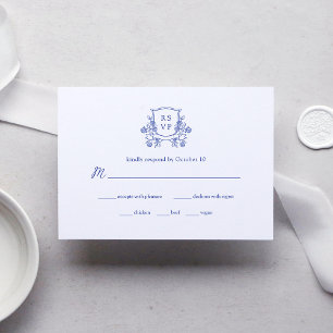 Elegantes Wappen Blaue und weiße Hochzeitsmahlze RSVP Karte