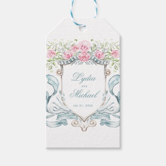 Elegantes Wappen der Rose mit Bow | Hochzeit Geschenkanhänger (Vorderseite)