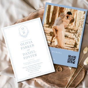Elegantes Wappen Dusty Blue QR Code Foto Hochzeit Einladung