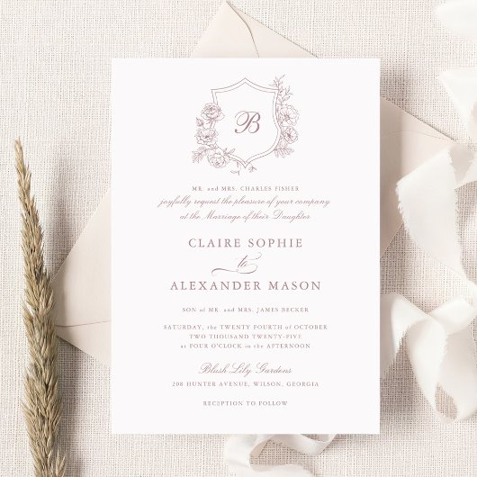 Elegantes Wappen für florale Rose Hochzeitmongramm Einladung