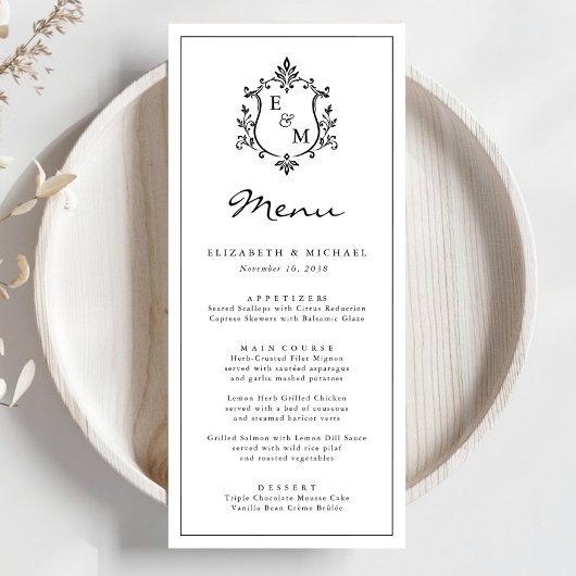 Elegantes Wappen-Hochzeitsmenü mit Monogramm Programm