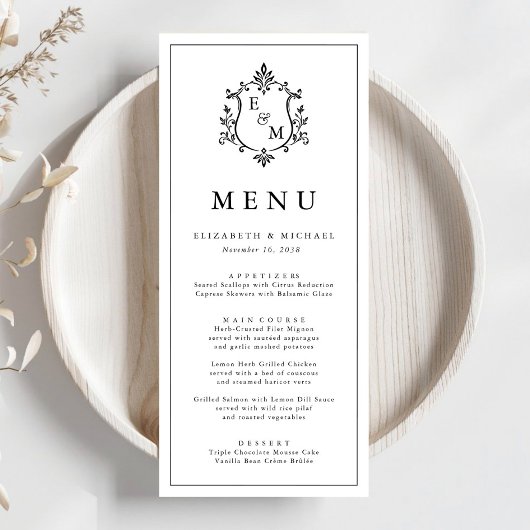 Elegantes Wappen-Hochzeitsmenü mit Monogramm Programm