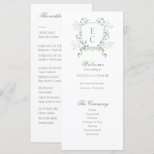 Elegantes Wappen-Hochzeitsprogramm für Floral Mono (Vorne/Hinten)