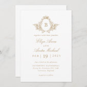 Elegantes Wappen mit Gold und White Monogram Einladung (Vorne/Hinten)