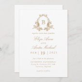Elegantes Wappen mit Gold und White Monogram Einladung (Vorne/Hinten)