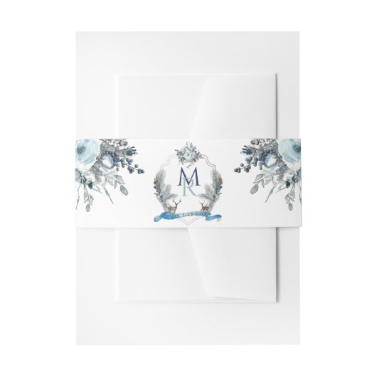 Elegantes Wappen mit Initialen, duster blauer Blum Einladungsbanderole (Vorderseite Beispiel)