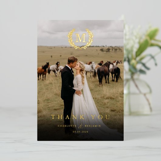 Elegantes Wappen Monogram 1 Foto Vielen Dank für I Folieneinladung (Stehend vorne)