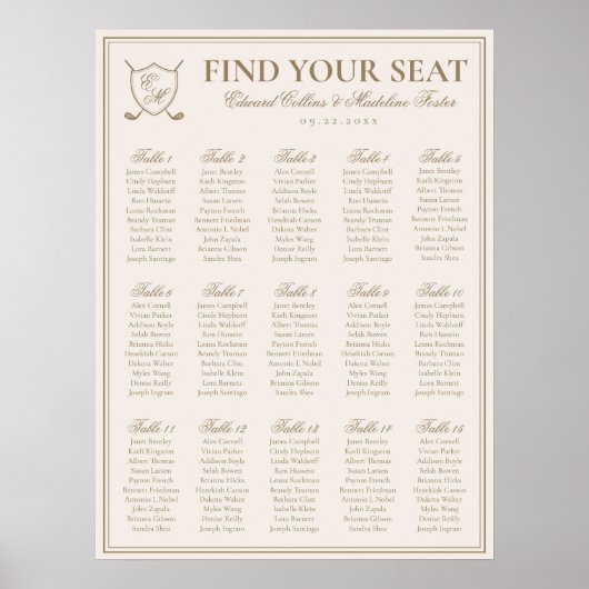 Elegantes Wappen Monogram Golf Wedding Seating Cha Poster (Vorne)