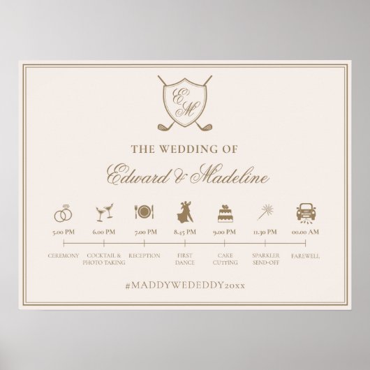 Elegantes Wappen Monogram Golf Wedding Timeline Poster (Vorne)