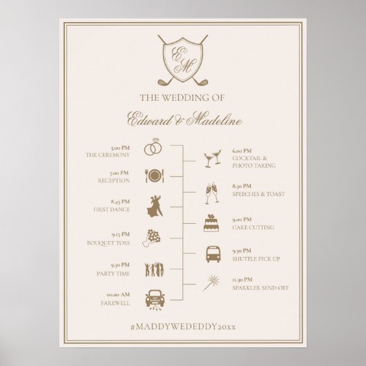 Elegantes Wappen Monogram Golf Wedding Timeline Poster (Vorne)