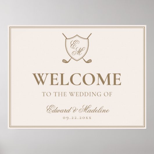 Elegantes Wappen Monogram Golf Wedding Willkommen Poster (Vorne)
