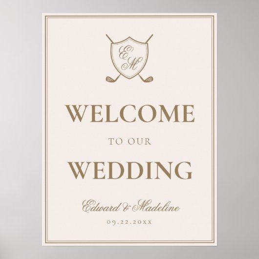 Elegantes Wappen Monogram Golf Wedding Willkommen Poster (Vorne)