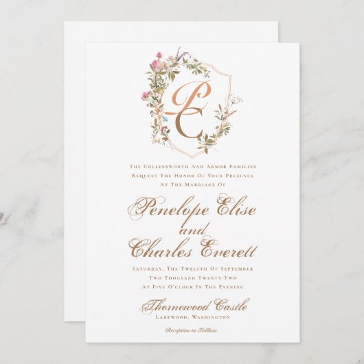 Elegantes Wappen Monogram Hochzeit Einladung (Vorne/Hinten)