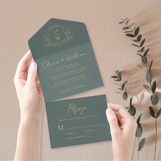 Elegantes Wappen Monogram Script-Hochzeit All-in-One-Einladung