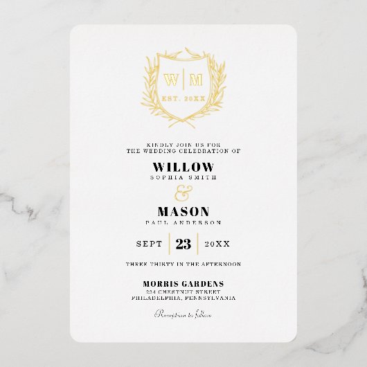Elegantes Wappen Monogram Wedding Folieneinladung (Vorderseite)