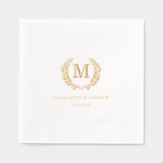 Elegantes Wappen Monogram White Wedding Servietten Mit Folie (Vorderseite)