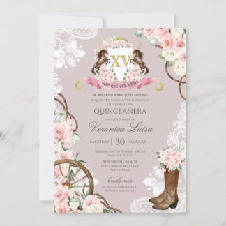 Elegantes Wappen Rosa Grau Charro Quinceanera Einladung