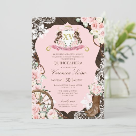 Elegantes Wappen Rustikal Rosa Charro Quinceanera Einladung (Stehend Vorderseite)
