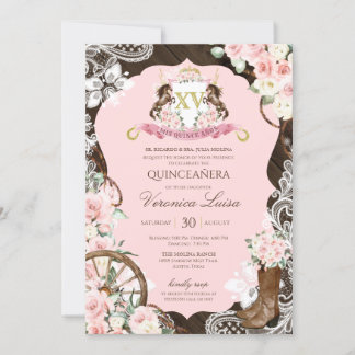 Elegantes Wappen Rustikal Rosa Charro Quinceanera Einladung