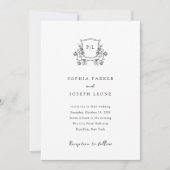 Elegantes Wappen und Monogramm Schwarz-Weiß-Hochze Einladung (Vorderseite)