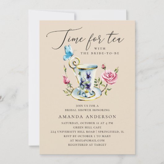 Elegantes warmes Ivory Floral Tee Party Brautparty Einladung (Vorderseite)