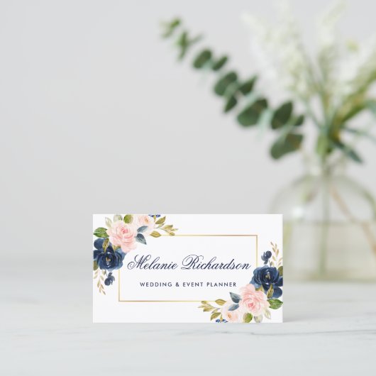 Elegantes Wasser Rosa Rosa Blütenblau Blau Gold Visitenkarte (Stehend Vorderseite)