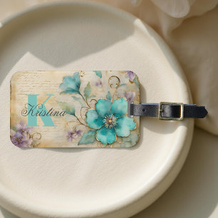 Elegantes Wasserfarben Aquamarines Bloom mit Golde Gepäckanhänger