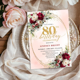 Elegantes Wasserfarben-Blumen-80. Geburtstag Gold Einladung
