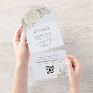 Elegantes Wasserfarben-Blumen-Elfenblatt-QR-Code All In One Einladung